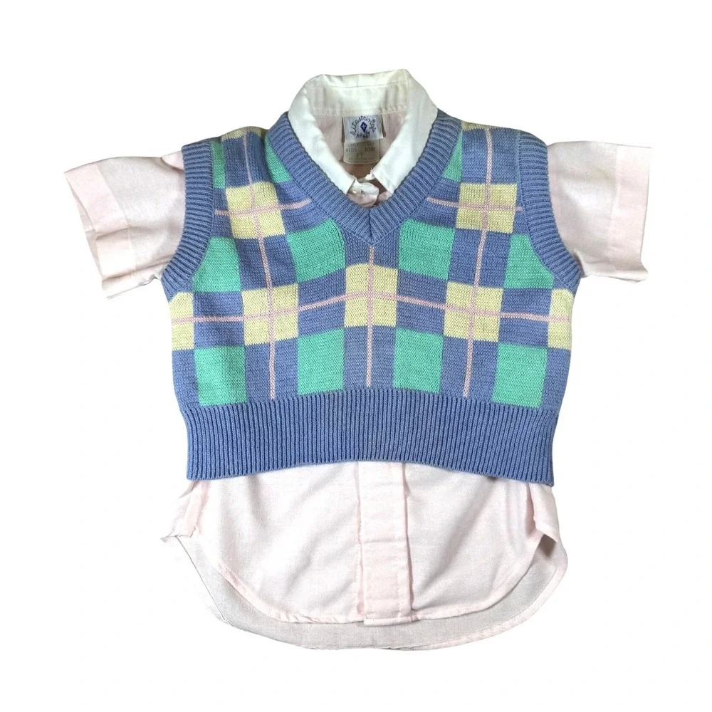 Vintage Kitestrings Baby 2pc Set‎ Plaid Sweater Vest Button Down Shirt Preppy